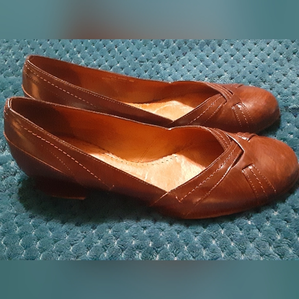 Medium Brown Glazed Leather Low Square Block Heel Dress Pumps Shoes size 8